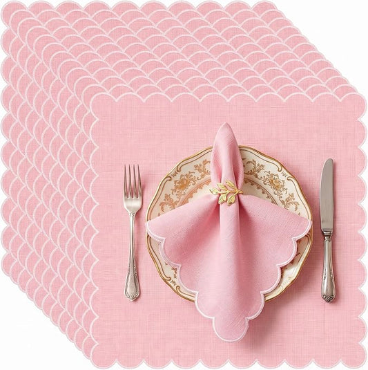 SmoothNovelty 12 Pack Buffalo Plaid Cloth Napkins 18x18 Inch Checkered Cloth Napkins Scalloped Soft Cotton Table Mat Washable Reusable for Dinner Wedding Holiday Birthday Parties (Cute,Pink) by SmoothNovelty