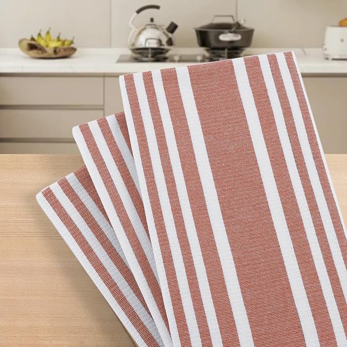 Homaxy Premium Cotton Stripe Kitchen Towels 3 Pack, 18"x 28", Rust | Large 380 GSM Kitchen Hand Towels, Soft Terry Dish Towels, Highly Absorbent Tea Towel Set with Hanging Loop - Image 7