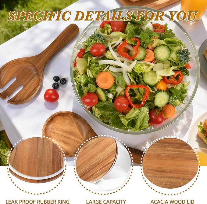 Glass Salad Bowl with Lid, 9.8" Large Glass Mixing Bowls with Acacia Wood Lids Set & Serving Utensils, 200oz Trifle and Serving Bowl for Salads, Fruit, Pasta, Dessert, Popcorn, Microwave Safe - Image 2