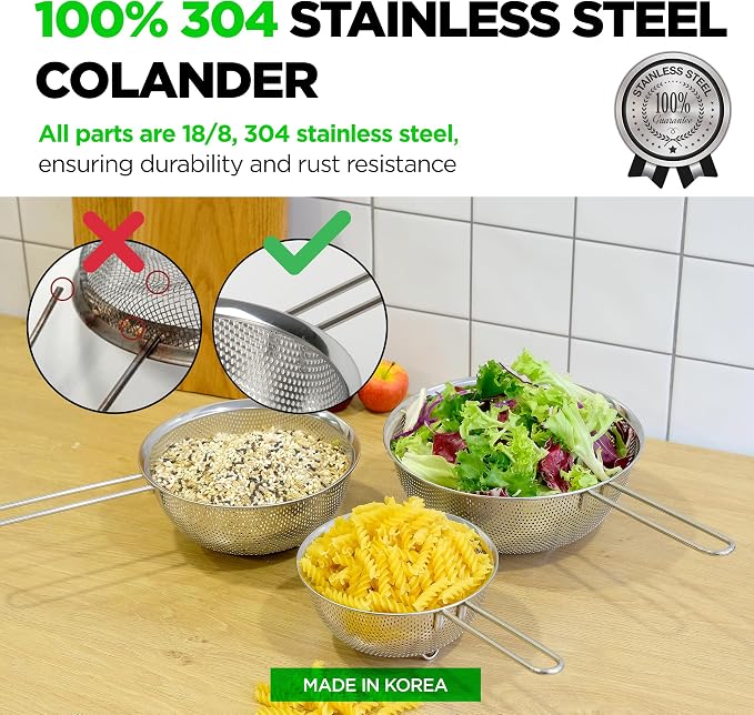 Premium 18/8 304 Stainless Steel Set of 3 – Micro-Perforated Strainer with Long Handle, Self-Draining Base for Pasta Rice Vegetables, 18/8 304 Heavy Duty (1.5, 2.5, 4 Qt) Made in Korea - Image 2