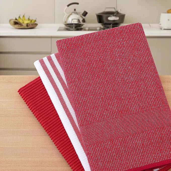 Homaxy Cotton 380 GSM Premium Kitchen Towels, 18"x 28", 12 Pack, Red | Soft and Absorbent Terry Dish Towels, Multipurpose Tea Towel Set with Hanging Loop, 3 Styles Kitchen Hand Towels - Image 7