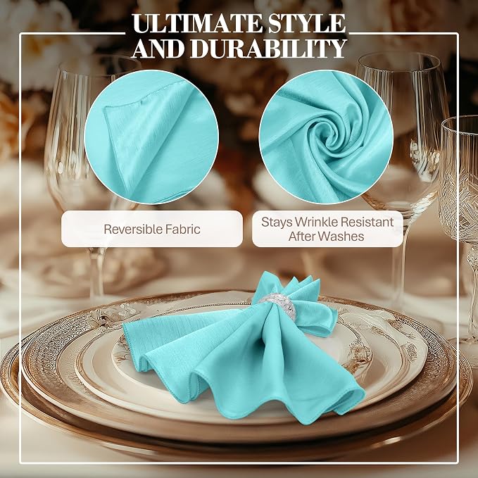 17 x 17-Inch Shantung Satin Cloth Napkins, Aqua, Set of 36 | Bulk Case of 3 Dozen, Square, 100% Polyester Fabric, Reversible, Faux Dupioni Silk Reverse Side, Machine Washable, Blue - Image 3