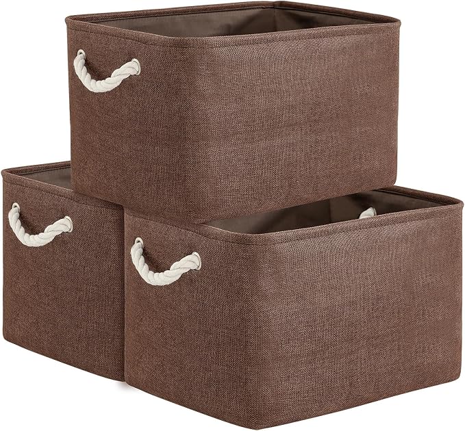 Organization and Storage Basket for Shelves - 3 Pack 16x12x12 inch Fabric Storage Cubes, Cube Storage Bin for Organizing Closet Cloth Organizer Gift Toy (White & Brown) by TheWarmHome