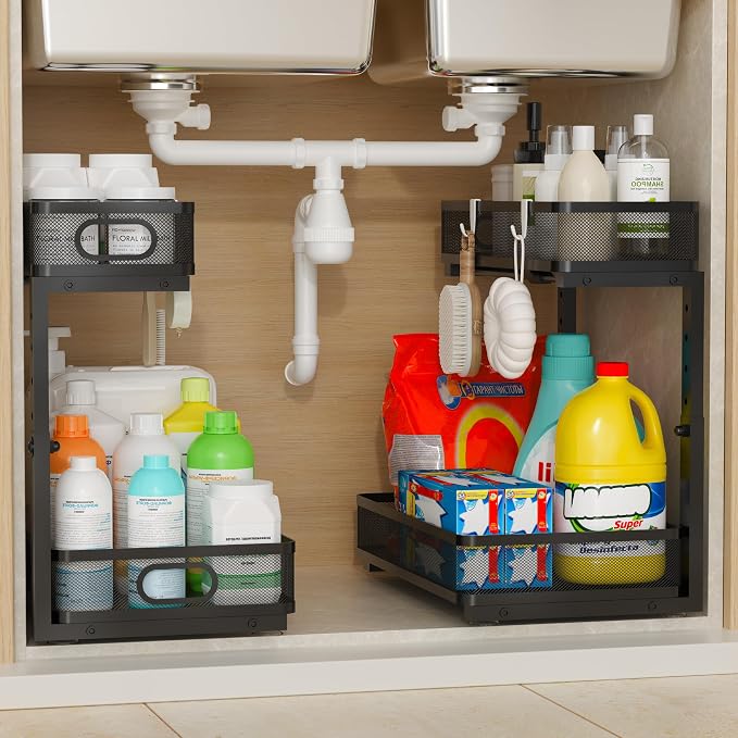 Under Sink Organizer 2 Pack, 2-Tier Slide Out Cabinet Organizer with Metal Sliding Drawer and Hooks, Pull Out Storage Baskets for Kitchen Bathroom Pantry Cabinet Organization (black) by Unknown