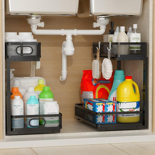 Under Sink Organizer 2 Pack, 2-Tier Slide Out Cabinet Organizer with Metal Sliding Drawer and Hooks, Pull Out Storage Baskets for Kitchen Bathroom Pantry Cabinet Organization (black) by Unknown