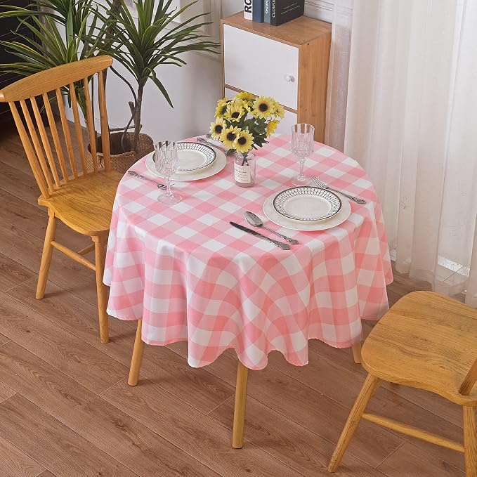 Cupuamon 2 Pack Waterproof Polyester Fabic Round Checkered Tablecloth，60 Outdoor Table Cloth，Oil Stain Prevention Table Cloth for Pinics and Parties（Pink and White） by Cupuamon