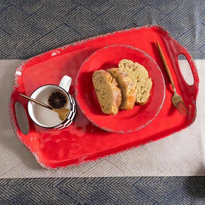 Christmas Large Melamine Serving Tray with Handle, Crackled Rustic Rectangle Melamine Serving Platter for Serving Food, Coffee Table Tray, Entertaining & Party Use, Set of 2, Christmas Red - Image 4