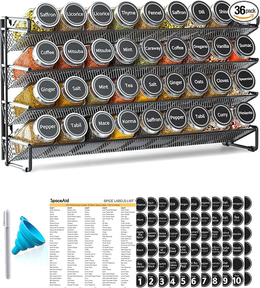 SpaceAid Spice Rack Organizer with 36 Spice Jars, 386 Spice Labels, Chalk Marker and Funnel Set for Cabinet, Countertop, Pantry, Cupboard or Door & Wall Mount - 36 Jars, 17.2" W × 10.8" H, Black by SpaceAid