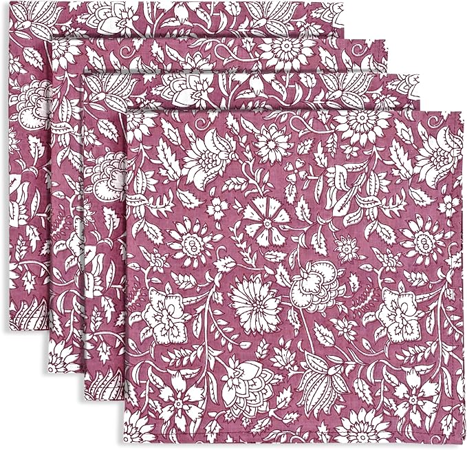 Mauve Vine Garden Hand Block Print 100% Cotton Napkins 18" x 18" (Set of 4) Reuseable Kitchen Napkins Cloth Decor Dinner Party Wedding Cocktail Gift for Spring, Easter, Summer by Ridhi