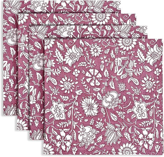 Mauve Vine Garden Hand Block Print 100% Cotton Napkins 18" x 18" (Set of 4) Reuseable Kitchen Napkins Cloth Decor Dinner Party Wedding Cocktail Gift for Spring, Easter, Summer by Ridhi