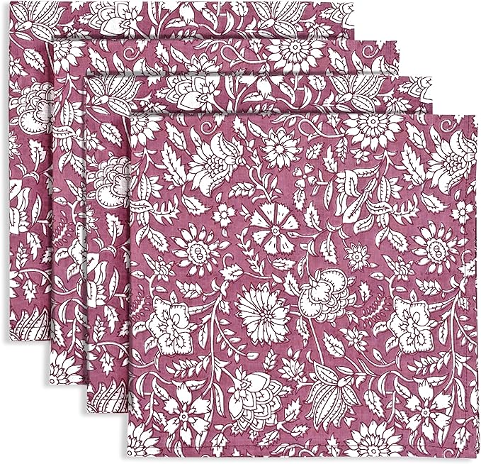 Mauve Vine Garden Hand Block Print 100% Cotton Napkins 18" x 18" (Set of 4) Reuseable Kitchen Napkins Cloth Decor Dinner Party Wedding Cocktail Gift for Spring, Easter, Summer by Ridhi