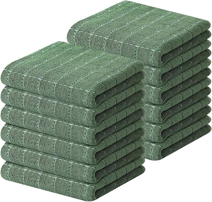 Kitinjoy 100% Cotton Terry Kitchen Towels, 13”x 28”, 12-Pack, Grass Green | Checkered Designed, Ultra Soft Absorbent Quick Drying Dish Towels by Kitinjoy