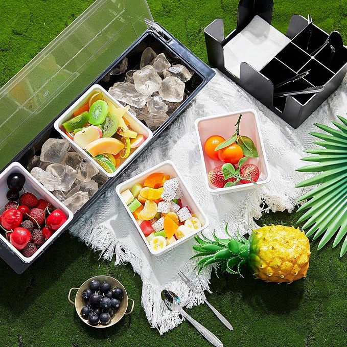 Tessco for you Garnish Tray with Lid Bar Caddy Ice Cooled Condiment Serving Container with Ice Scoop Metal Mini Serving Tongs Fruit Fork Spoons for Food Home Party Kitchen(Plastic,4 Grids) - Image 5