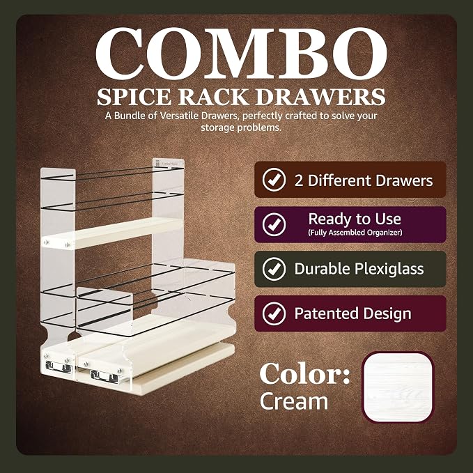 Combo Spice Rack Drawer - Pull Out Pantry Organizers and Storage - Kitchen Cabinet Organizer - Seasoning Sliding Caddy - Made in USA (5.75" W x 10.75" H x 10.60" D, Assembled) - Image 2