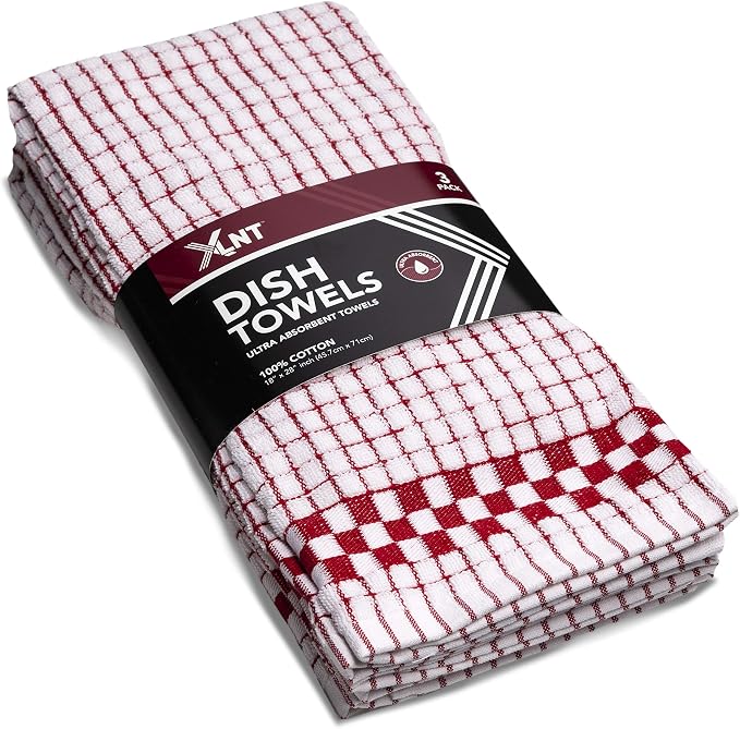 XLNT Highly Absorbent Kitchen Dish Towels 100% Cotton 18x28 inch – Ultra-Thick Dishcloths – Premium Weave for Drying & Cleaning – Soft, Durable & Lint-Free – Pack of 3 Red by XLNT