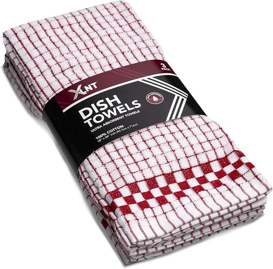 XLNT Highly Absorbent Kitchen Dish Towels 100% Cotton 18x28 inch – Ultra-Thick Dishcloths – Premium Weave for Drying & Cleaning – Soft, Durable & Lint-Free – Pack of 3 Red by XLNT