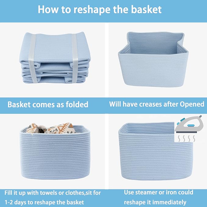 XUANGUO Woven Cotton Rope Storage Baskets 15x10x9.3" 3 Pack Light Blue | Decorative rectangular storage baskets for shelves and closets; storage bins organize clothes, toys, books and nursery items. - Image 7