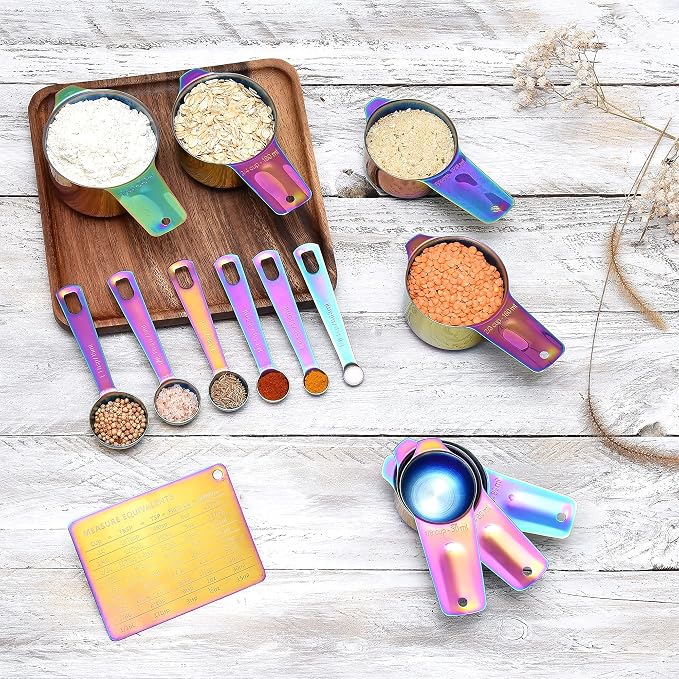 Kich 14 Piece Iridescent Rainbow Stainless Steel Measuring Cups and Spoons Set Magnetic Metal Kitchen Conversion Chart Included Large Small and Mini Scoop Cute Colorful Design - Image 7