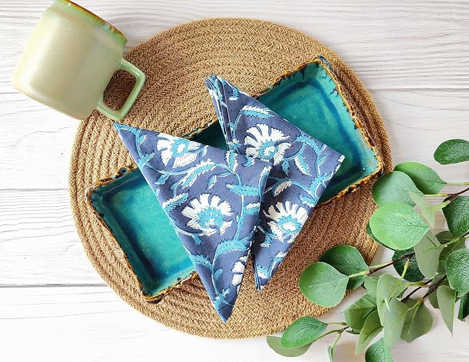Cotton Print Dinner Napkins 18x18 inches - Washable Cloth Napkins Set of 6 - Everyday Use or Dinner Party and Events - Indigo Blue Block Printed Soft Fabric by Craftbot - Image 3