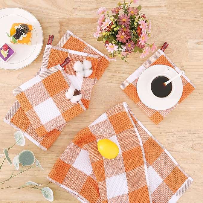 Homaxy Kitchen Towels and Dishcloths Set, Set of 8, White & Orange | Bulk Cotton Waffle Weave Check Plaid Kitchen Towels, Super Soft and Absorbent Dish Cloths, 12 x 12 and 13 x 28 Inches - Image 7