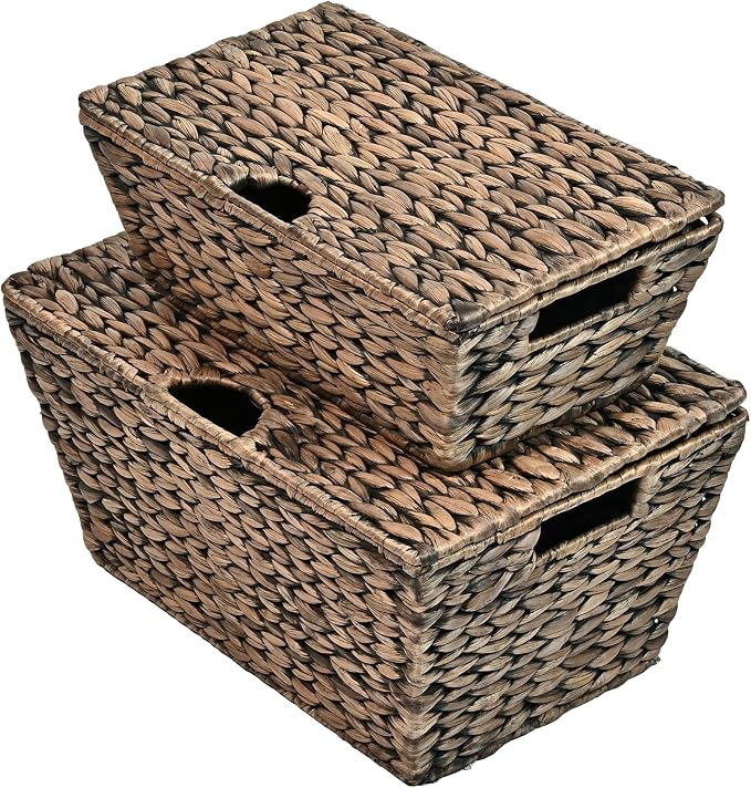 happimess Wilder Hyacinth Storage Baskets with Lids 16", Brown, Set of 2 | Farmhouse Style, Woven Wicker, Built-in Handles, Metal Frame Construction, Nesting For Easy Organization, Rectangular by Happimess