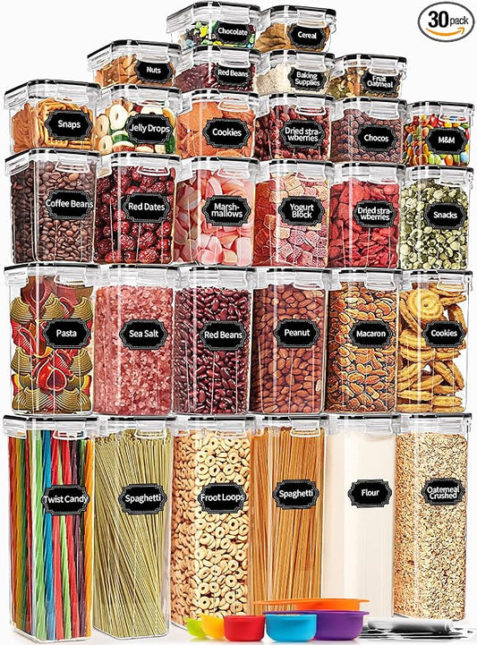 PRAKI 30 Pack Airtight Food Storage Containers for Organizers and Storage | Kitchen Storage Containers for Cereal Flour Sugar Storage, BPA Free, 5 Sizes, Container with 20 Labels, 6 Spoon & Marker by PRAKI