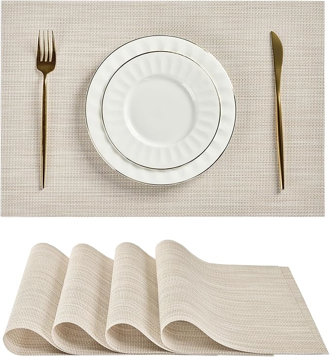 Leetaltree Beige White Placemats Set of 4 - Heat Resistant Non-Slip Place mats for Dining Table, Washable Durable PVC Vinyl Woven Table Mats(Beige White, 4) by Leetaltree-ArtatEveryTable