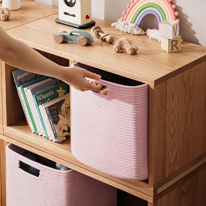 UBBCARE Set of 4 Storage Basket-13 X 13 X 13 in, Cotton Rope Basket for Shelves, Toys, Book, Cube Storage Bins with Handles, Woven Storage Basket for Organizing, Pink - Image 4