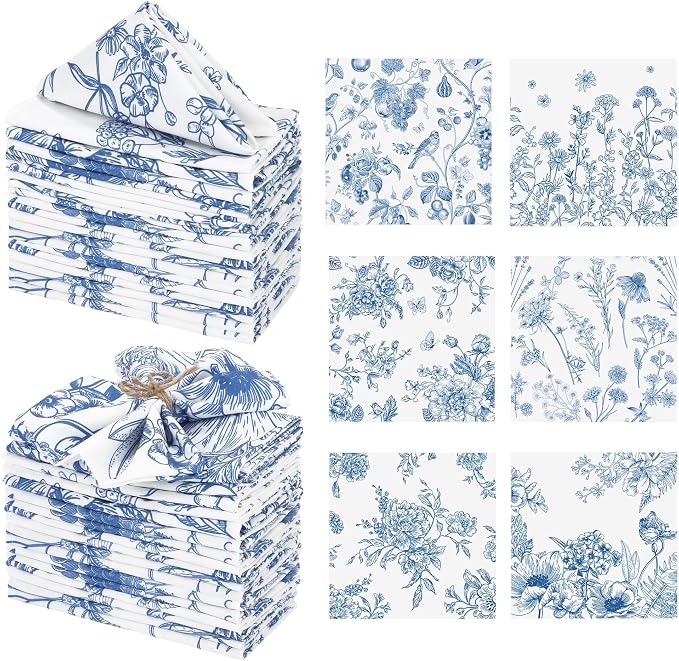 Kochorie 36 Pieces Blue Floral Cloth Napkins, 18 x 18 Inch Reusable Soft Fabric Napkins, Washable Flower Dinner Cocktail Napkin for Spring Summer Tea Party Holiday Home Kitchen Wedding Restaurant by Kochorie