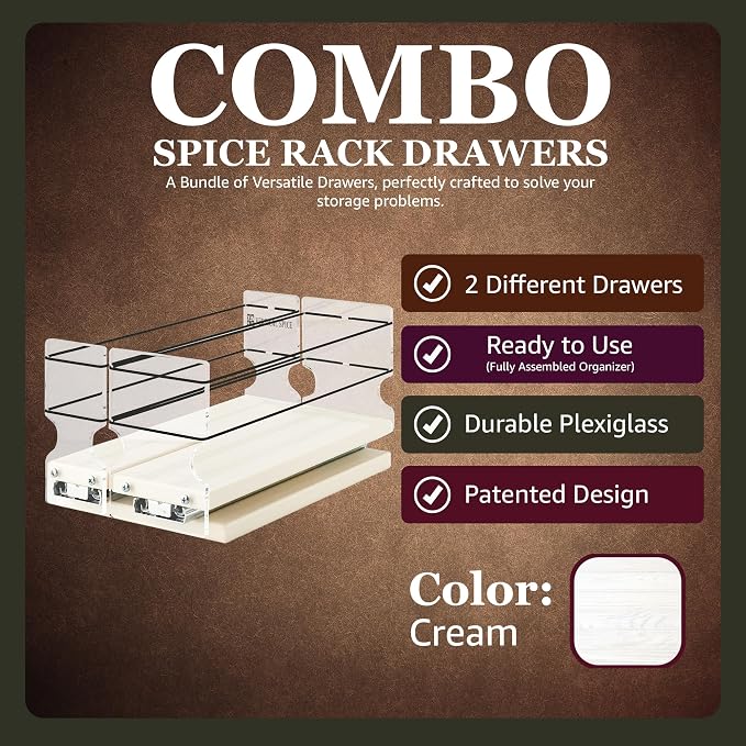 Combo Spice Rack Drawer - Pull Out Pantry Organizers and Storage - Kitchen Cabinet Organizer - Seasoning Sliding Caddy - Made in USA (5.75" W x 5.00" H x 10.60" D, Assembled) - Image 2