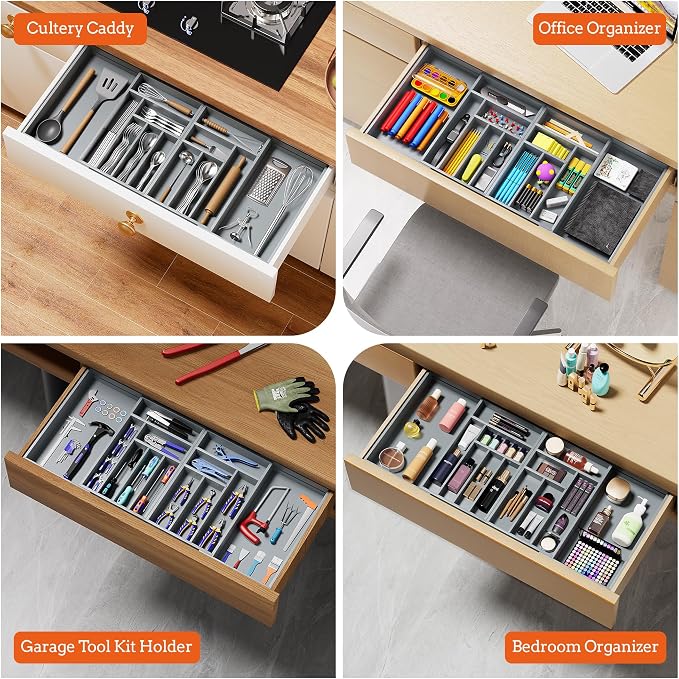 Magnetic Expandable Silverware Drawer Organizer, 13 Slots Utensil Gray | Magnetic Connected, Expandable 21-37.4 Inch, 13 Divided Slots, Gray Cutlery Utensil Organize Kitchen - Image 8