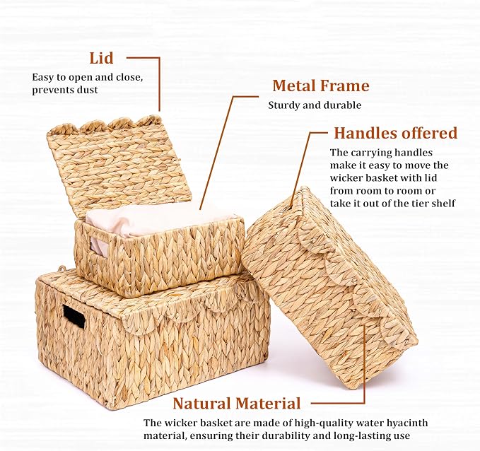 LUSYDECO Set of 3 Scalloped Edge Wicker Basket with Lid, Rectangle Wicker Storage Basket with Built-in Handles, Multipurpose Organizer Rattan Display Boxes for Shelf, Nursery Room - Image 5