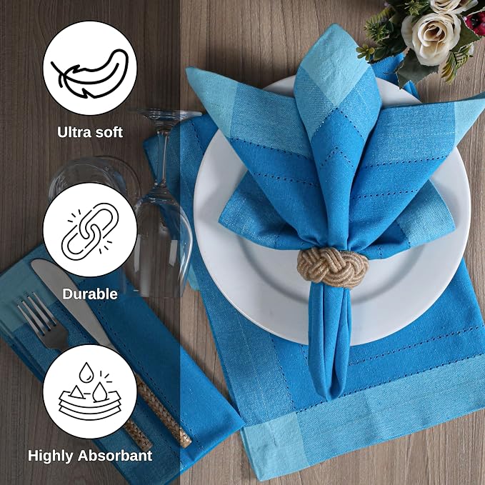Bedding Craft Cotton Cloth Napkins Set of 12 – 20x20 Teal Blue Multi Double Hemstitched – Machine Washable Dinner Napkins for Weddings, Parties & Father’s Day Celebrations - Image 6