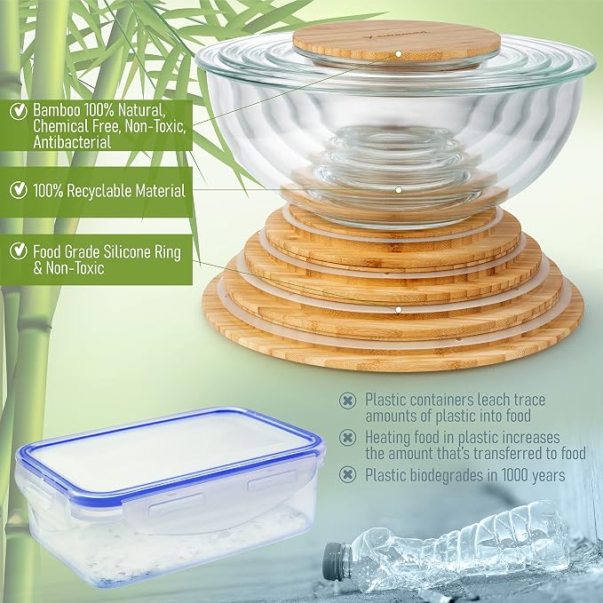 Stackable Space-Saving Set of 5 Nesting Glass Bowls with Bamboo Lids for Foodprep, Storage, Baking, Mixing & Cooking, Microwave & Oven Safe BPA Free Heat Resistant Inert Borosilicate Glass - Image 5