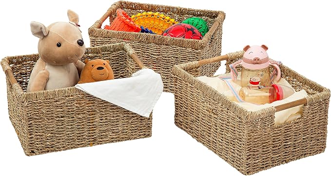 Large Wicker Basket Rectangular with Wooden Handles for Shelves, Seagrass Basket Storage, Natural Baskets for Organizing, Wicker Baskets for Storage - 3 Pack Large - Image 7