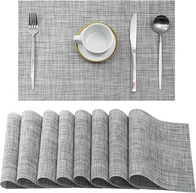 Leetaltree Linen Grey Placemats Set of 8 - Heat Resistant Non-Slip Place mats for Dining Table, Washable Durable PVC Vinyl Woven Table Mats（Linen Grey, 8） by Leetaltree-ArtatEveryTable