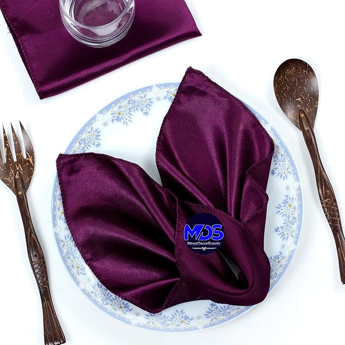 Set of 100 PCS Satin Napkin 12x12 Inch Square, Dinner Table Napkins for Wedding, Bulk Silky Sateen Cloth Napkins for Restaurant Banquet Graduation Birthday Party Decoration - Eggplant by MDS