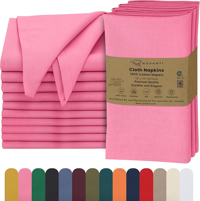 Ruvanti Cloth Napkins Set of 12, 18x18 Inches, 100% Cotton, Washable, Soft & Absorbent, Perfect for Wedding, Christmas, ‎Thanksgiving Dinners - Pink by Ruvanti
