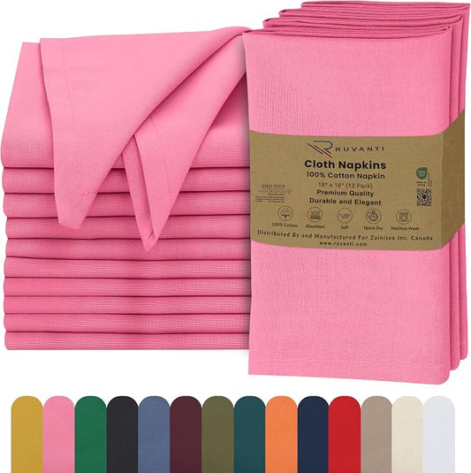 Ruvanti Cloth Napkins Set of 12, 18x18 Inches, 100% Cotton, Washable, Soft & Absorbent, Perfect for Wedding, Christmas, ‎Thanksgiving Dinners - Pink by Ruvanti