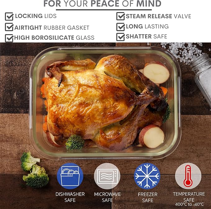 Razab 4 Pc Large Glass Food Storage Containers with Lids, Airtight, Leak Proof, BPA Free - Image 3