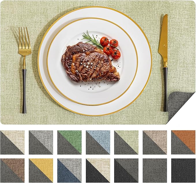 Romanstile Vinyl Placemats Set of 4, Reversible Faux Leather Heat Resistant Wipeable Table Mats, Waterproof Washable Non-Slip Table Placemats for Dining/Kitchen/Party/Outdoor (Grey Green, 12" x 17") by Romanstile