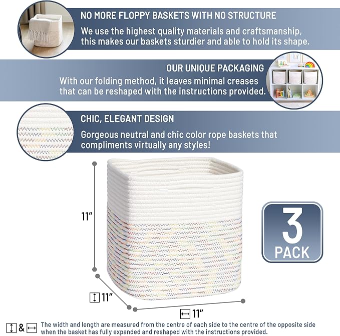 NaturalCozy Storage Cubes 11 Inch Cotton Rope Woven Baskets for Organizing, 3-Pack | Cube Storage Bin | Square Storage Baskets for Shelves Organizer, Classroom, Kids Toy Bins, Closet, Baby Nursery - Image 2