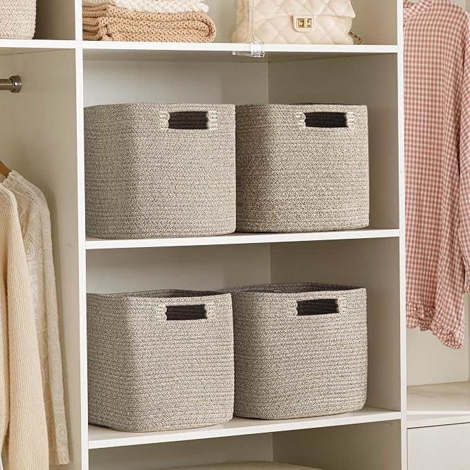UBBCARE Set of 4 Storage Basket-12 X 12 X 12 in, Cotton Rope Basket for Shelves, Toys, Book, Cube Storage Bins with Handles, Woven Storage Baskets for Organizing, Mix-Brown - Image 6