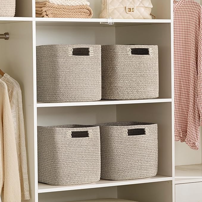 UBBCARE Set of 4 Storage Basket-13 X 13 X 13 in, Cotton Rope Baskets for Shelves, Toys, Book, Cube Storage Bins with Handles, Woven Storage Basket for Organizing, Mix-Brown - Image 6