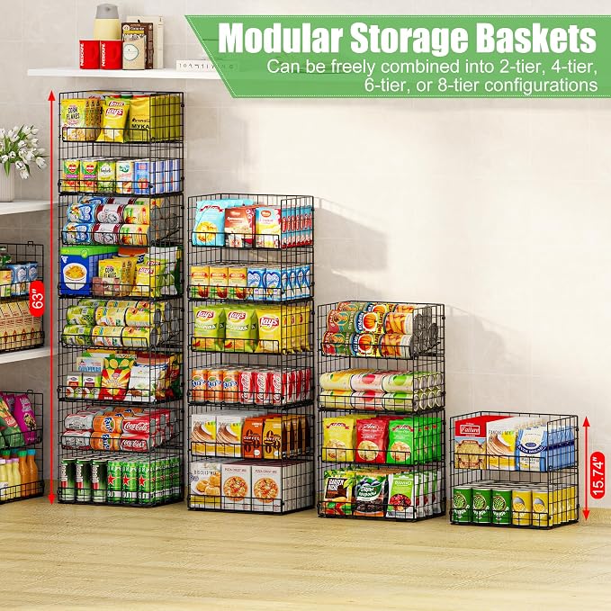 JKsmart 8-Tier XXL Stackable Wire Basket, Pantry Organizers and Storage | Stackable Storage Bins with Dividers & Handles for Pantry Kitchen & Snacks Fruits Veggies & Can Organizer - Image 6