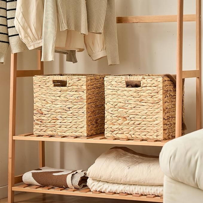 13x13x13 Wicker Storage Basket Set of 4, Water Hyacinth Woven Basket with Handles, Wicker Cube Storage Bins for Shelves, Foldable Square Storage Cubes for Living Room Bedroom Organizing, Natural - Image 7