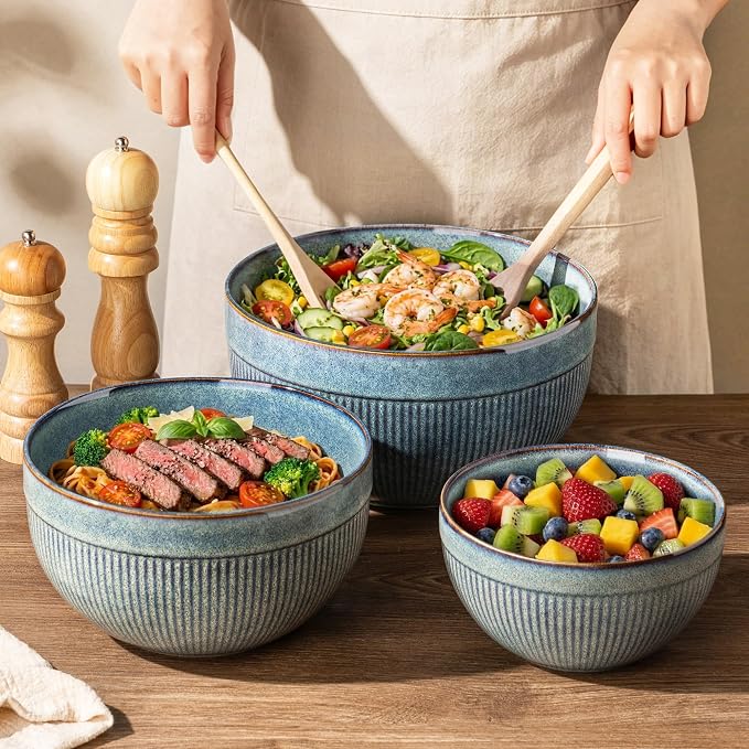 GBhome Ceramic Mixing Bowls Set of 3, Stoneware Nesting Serving Bowls, | 45/90/150 oz For Prep, Baking, Serving, Gift, Microwave and Dishwasher Safe, Ribbed Dishware Collection,Ceylon Blue - Image 6