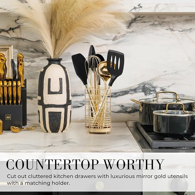 Styled Settings Black and Gold Cooking Utensils Set, 7-Piece, Black & Gold | Nonstick Silicone Cooking Utensils Set with Gold Utensil Holder, White and Gold Kitchen Accessories for Modern Kitchens - Image 3