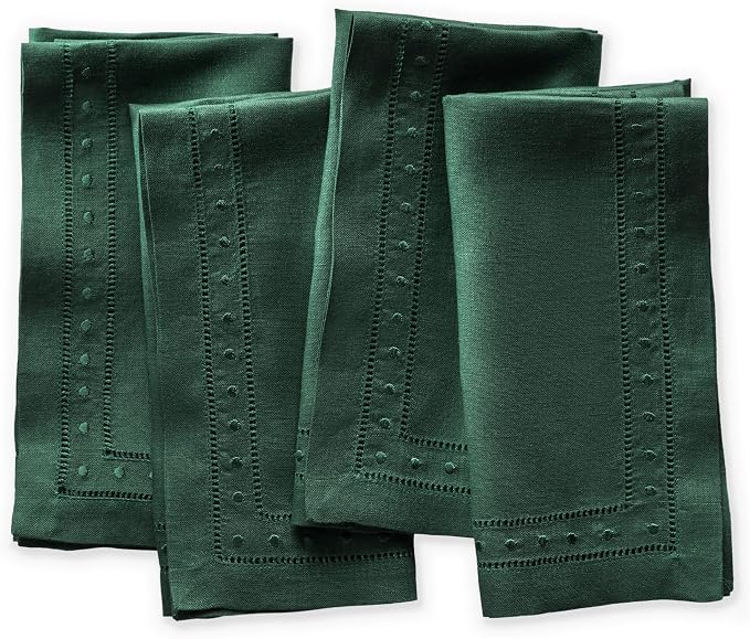 Linen Napkins Set of 4-100% Pure Linen Forest Green Embroidered Dinner Napkins 18 x 18 inch - Classic Hemstitch Cloth Napkins Washable for Winter and Christmas Decor by OlucioAuthentiqueHome