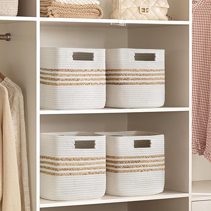 UBBCARE Set of 4 Storage Cubes 11 X 10.5 X 10.5 in, Water Hyacinth Storage Bins for shelves, Toys, Book, Storage Baskets with Handles, Cotton Rope Woven Baskets for Organizing, White - Image 7